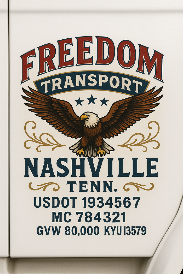 Custom Truck Door Decal Sticker Sign For Trucking, Transport, Logistics, Work Trucks, Semi Trucks With USDOT, MC, CA, KYU, VIN, GVW Regulation Numbers (Set of 2)