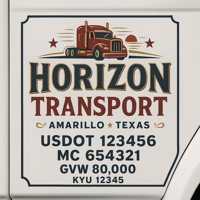 Custom Truck Door Decal Sticker Sign For Trucking, Transport, Logistics, Work Trucks, Semi Trucks With USDOT, MC, CA, KYU, VIN, GVW Regulation Numbers (Set of 2)