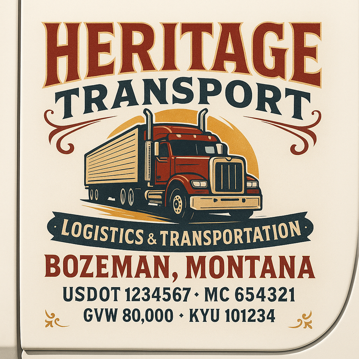 Custom Truck Door Decal Sticker Sign For Trucking, Transport, Logistics, Work Trucks, Semi Trucks With USDOT, MC, CA, KYU, VIN, GVW Regulation Numbers (Set of 2)