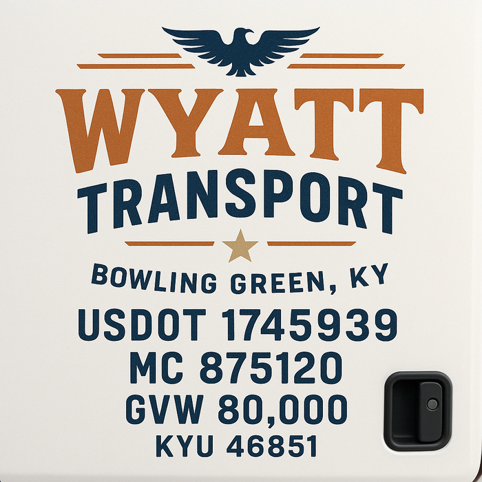 Custom Truck Door Decal Sticker Sign For Trucking, Transport, Logistics, Work Trucks, Semi Trucks With USDOT, MC, CA, KYU, VIN, GVW Regulation Numbers (Set of 2) (Copy)