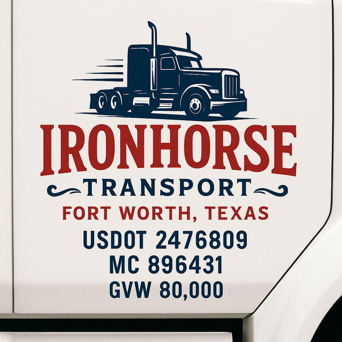 Custom Truck Door Decal Sticker Sign For Trucking, Transport, Logistics, Work Trucks, Semi Trucks With USDOT, MC, CA, KYU, VIN, GVW Regulation Numbers (Set of 2)