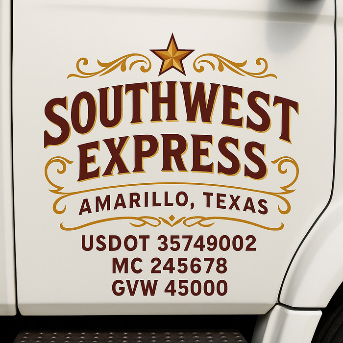 Custom Truck Door Decal Sticker Sign For Trucking, Transport, Logistics, Work Trucks, Semi Trucks With USDOT, MC, CA, KYU, VIN, GVW Regulation Numbers (Set of 2)