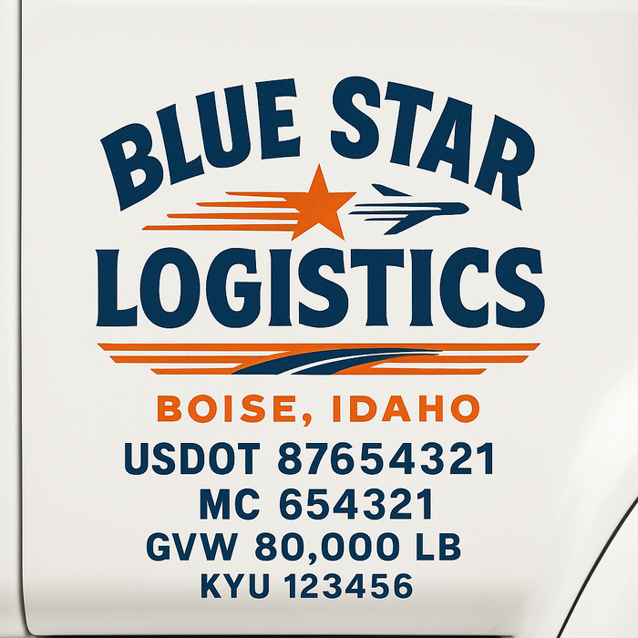Custom Truck Door Decal Sticker Sign For Trucking, Transport, Logistics, Work Trucks, Semi Trucks With USDOT, MC, CA, KYU, VIN, GVW Regulation Numbers (Set of 2)
