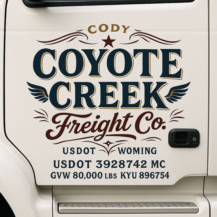Custom Truck Door Decal Sticker Sign For Trucking, Transport, Logistics, Work Trucks, Semi Trucks With USDOT, MC, CA, KYU, VIN, GVW Regulation Numbers (Set of 2)