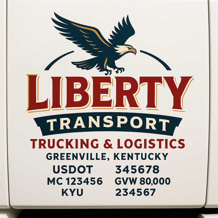Custom Truck Door Decal Sticker Sign For Trucking, Transport, Logistics, Work Trucks, Semi Trucks With USDOT, MC, CA, KYU, VIN, GVW Regulation Numbers (Set of 2)