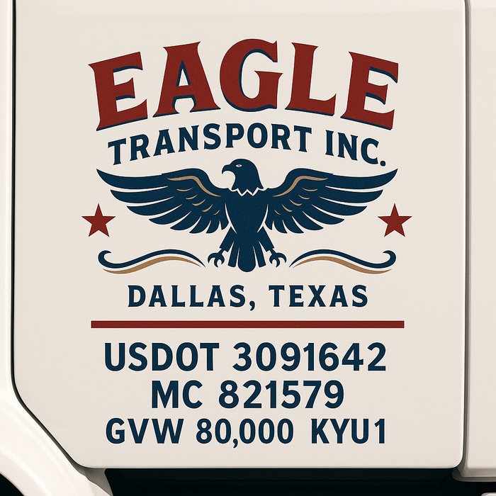 Custom Truck Door Decal Sticker Sign For Trucking, Transport, Logistics, Work Trucks, Semi Trucks With USDOT, MC, CA, KYU, VIN, GVW Regulation Numbers (Set of 2)