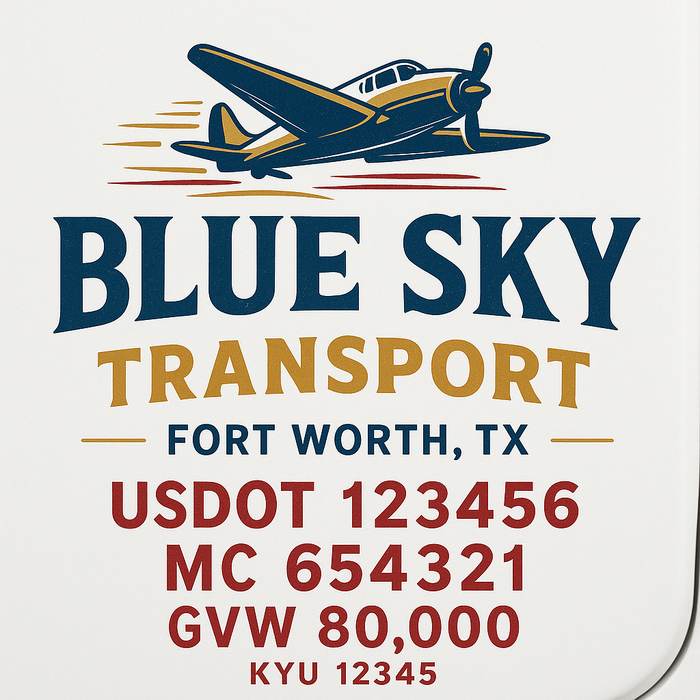 Custom Truck Door Decal Sticker Sign For Trucking, Transport, Logistics, Work Trucks, Semi Trucks With USDOT, MC, CA, KYU, VIN, GVW Regulation Numbers (Set of 2)