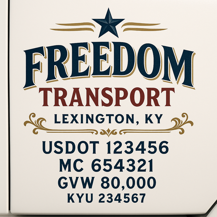 Custom Truck Door Decal Sticker Sign For Trucking, Transport, Logistics, Work Trucks, Semi Trucks With USDOT, MC, CA, KYU, VIN, GVW Regulation Numbers (Set of 2)
