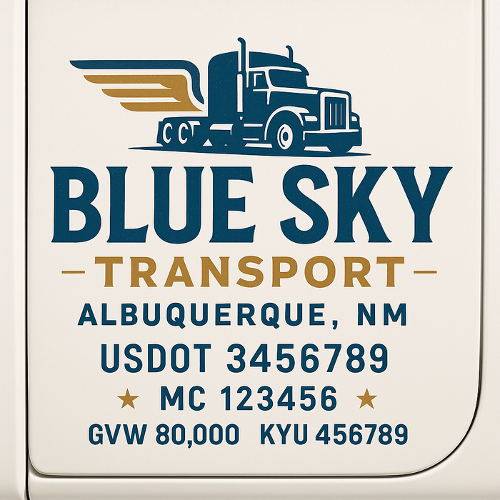 Custom Truck Door Decal Sticker Sign For Trucking, Transport, Logistics, Work Trucks, Semi Trucks With USDOT, MC, CA, KYU, VIN, GVW Regulation Numbers (Set of 2)