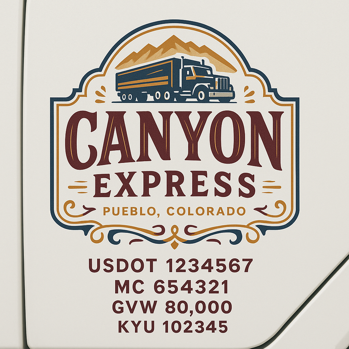 Custom Truck Door Decal Sticker Sign For Trucking, Transport, Logistics, Work Trucks, Semi Trucks With USDOT, MC, CA, KYU, VIN, GVW Regulation Numbers (Set of 2)