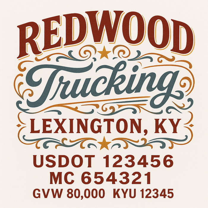 Custom Truck Door Decal Sticker Sign For Trucking, Transport, Logistics, Work Trucks, Semi Trucks With USDOT, MC, CA, KYU, VIN, GVW Regulation Numbers (Set of 2)
