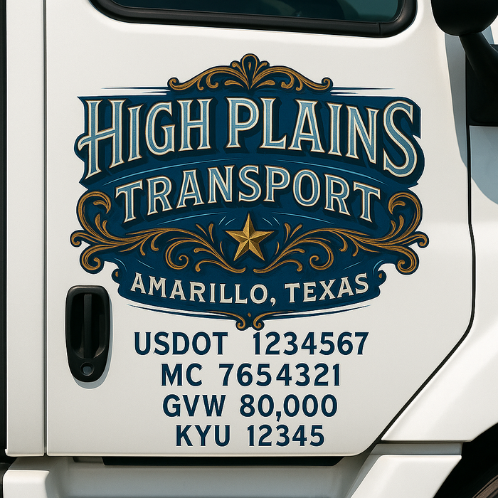 Custom Truck Door Decal Sticker Sign For Trucking, Transport, Logistics, Work Trucks, Semi Trucks With USDOT, MC, CA, KYU, VIN, GVW Regulation Numbers (Set of 2)