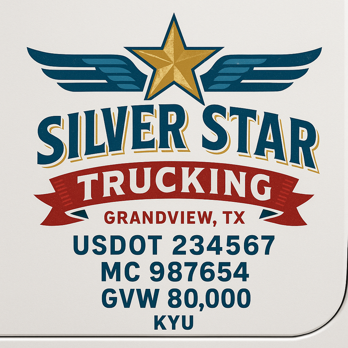 Custom Truck Door Decal Sticker Sign For Trucking, Transport, Logistics, Work Trucks, Semi Trucks With USDOT, MC, CA, KYU, VIN, GVW Regulation Numbers (Set of 2)