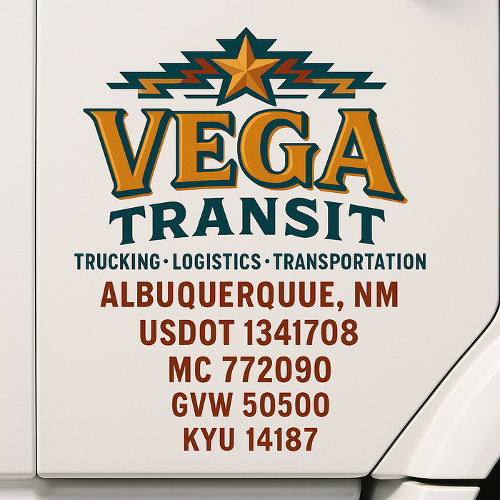 Custom Truck Door Decal Sticker Sign For Trucking, Transport, Logistics, Work Trucks, Semi Trucks With USDOT, MC, CA, KYU, VIN, GVW Regulation Numbers (Set of 2)