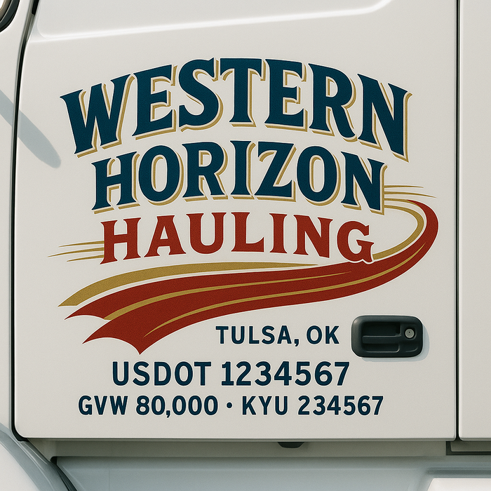 Custom Truck Door Decal Sticker Sign For Trucking, Transport, Logistics, Work Trucks, Semi Trucks With USDOT, MC, CA, KYU, VIN, GVW Regulation Numbers (Set of 2)