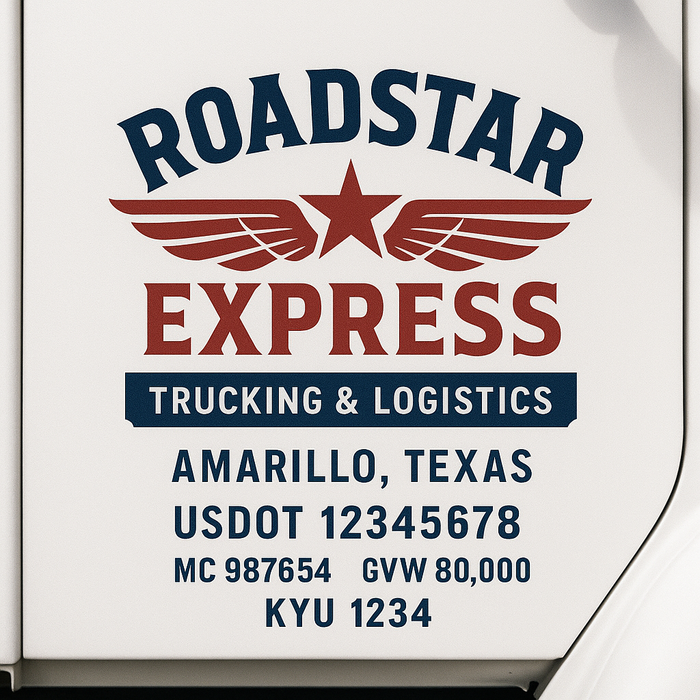 Custom Truck Door Decal Sticker Sign For Trucking, Transport, Logistics, Work Trucks, Semi Trucks With USDOT, MC, CA, KYU, VIN, GVW Regulation Numbers (Set of 2) (Copy)