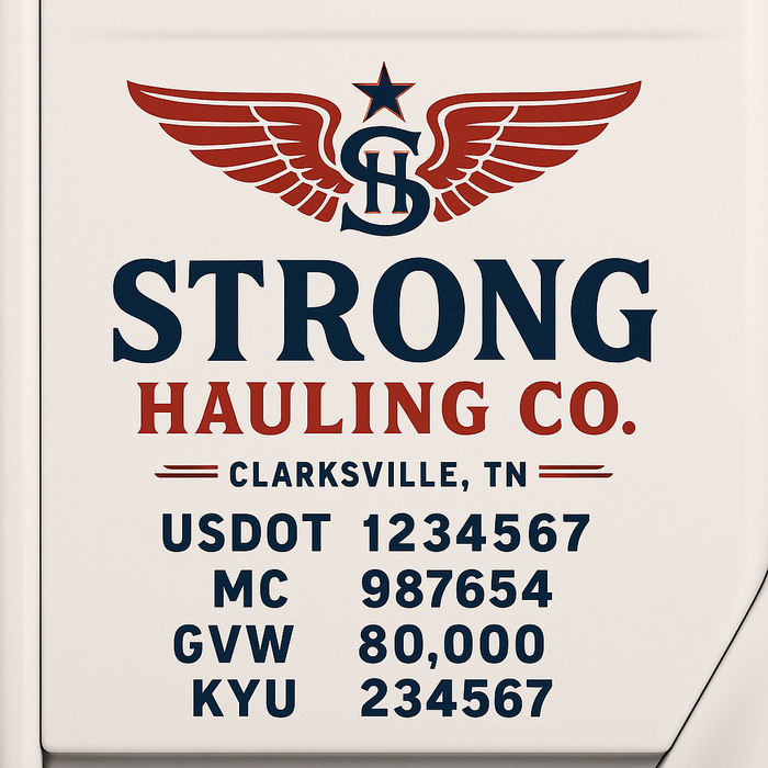Custom Truck Door Decal Sticker Sign For Trucking, Transport, Logistics, Work Trucks, Semi Trucks With USDOT, MC, CA, KYU, VIN, GVW Regulation Numbers (Set of 2)