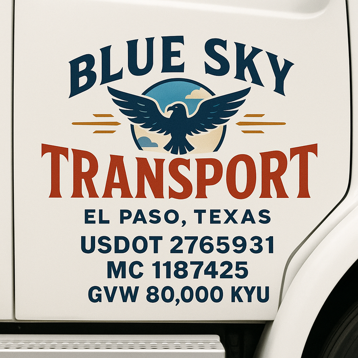 Custom Truck Door Decal Sticker Sign For Trucking, Transport, Logistics, Work Trucks, Semi Trucks With USDOT, MC, CA, KYU, VIN, GVW Regulation Numbers (Set of 2)