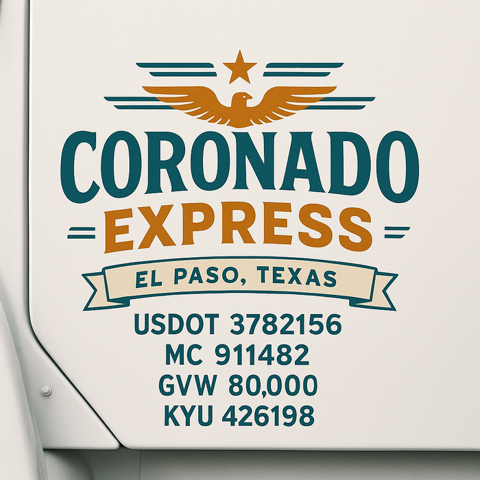 Custom Truck Door Decal Sticker Sign For Trucking, Transport, Logistics, Work Trucks, Semi Trucks With USDOT, MC, CA, KYU, VIN, GVW Regulation Numbers (Set of 2)