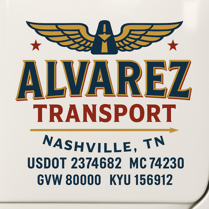 Custom Truck Door Decal Sticker Sign For Trucking, Transport, Logistics, Work Trucks, Semi Trucks With USDOT, MC, CA, KYU, VIN, GVW Regulation Numbers (Set of 2)