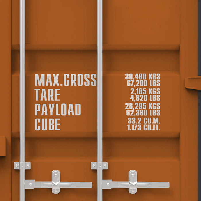 Shipping Container Door MAX GROSS, TARE, NET & CU CAP Number Decal Stickers