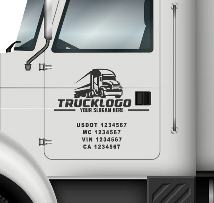 Trucking Text Logo Transport Business Name with USDOT, MC, GVW, & KYU Number Sticker Decal Lettering (Set of 2)