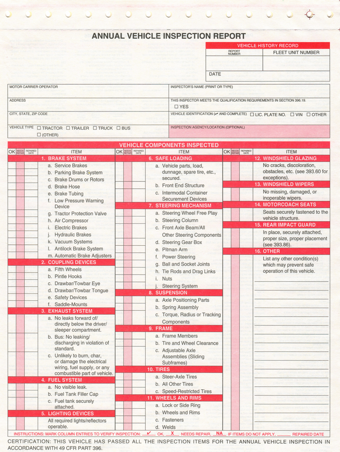 Annual Vehicle Inspection Report Carbonless Sheet for Trailers, Dry Van Box, Semi-Trucks, Tankers