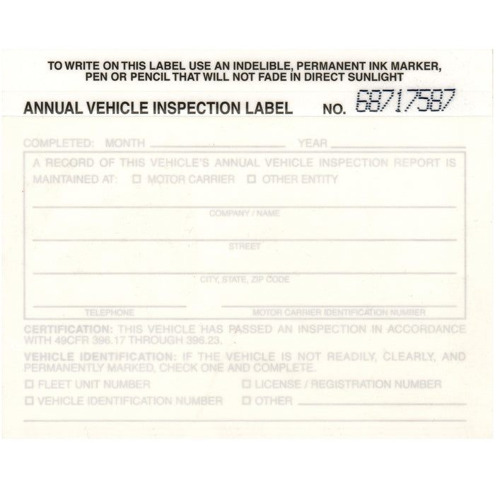 Annual Vehicle Inspection Label Decal Sticker Label for Trailers, Dry Van Box, Semi-Trucks, Tankers