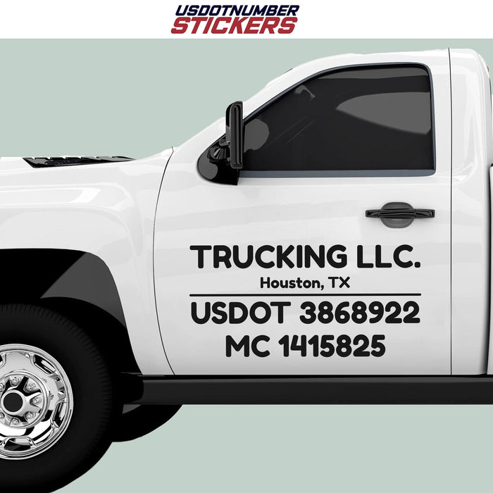 Truck Door Trucking Company Name, USDOT, MC, GVW, KYU, CA, VIN Number Decal Sticker Lettering Four Lines (Set of 2)