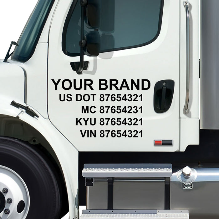 Box Truck Transport/Trucking Company Name, USDOT, MC, GVW, KYU, CA, VIN Number Decal Sticker Lettering Four Lines (Set of 2)