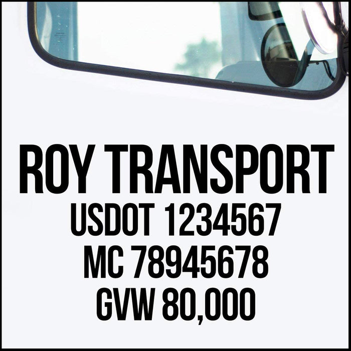 Transport Company Name with USDOT, MC & GVW Number Sticker Decal Lettering (Set of 2)