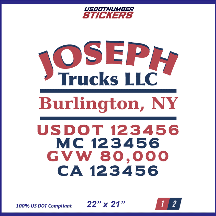 Company Name 2 Lines + 5 Location Or Regulation Numbers Truck Lettering Decal (USDOT, MC, GVW, CA), 2 Pack