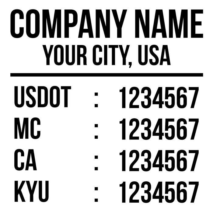 Trucking Company Name with Location, USDOT, MC, CA & KYU Number Decal Sticker Lettering (Set of 2)