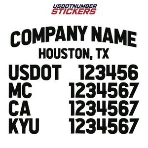 company name, location, usdot, mc, ca & kyu decal sticker