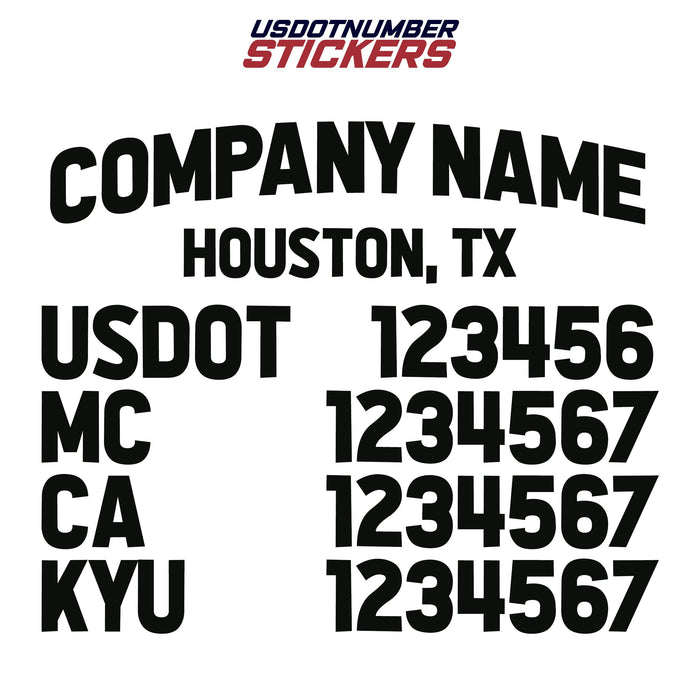 Company Name, Location, USDOT, MC, CA & KYU Decal Sticker (Set of 2)