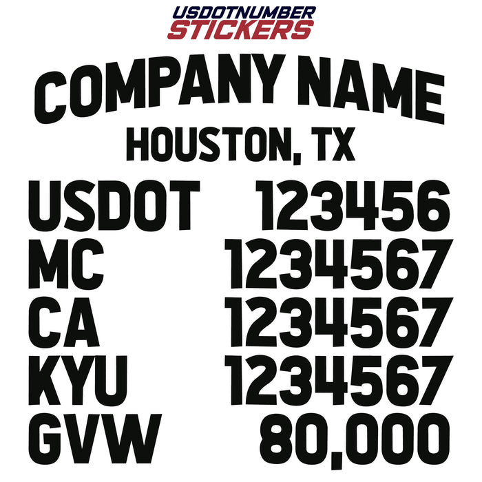 Company Name, Location, USDOT, MC, CA, KYU & GVW Decal Sticker (Set of 2)