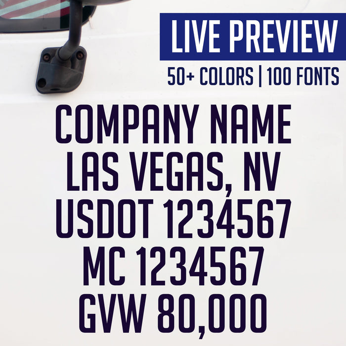 Company Name, Location, USDOT, MC & GVW Truck Decal Sticker (Live Preview) Set of 2
