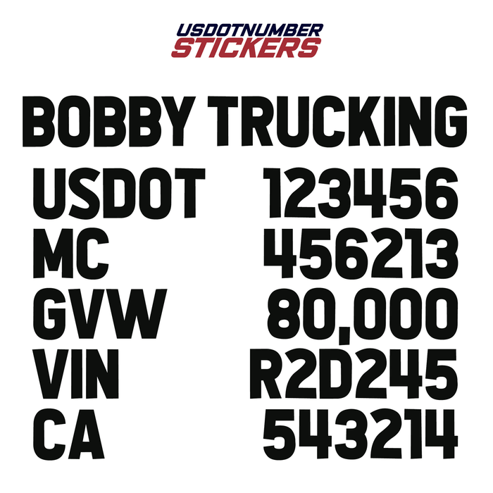 Company Name Spaced 6 Line Truck Regulation Decal (Set of 2)