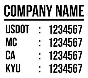 company name with usdot mc ca kyu lettering decal