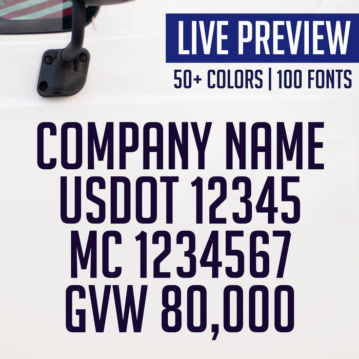 Company Name, USDOT, MC & GVW Truck Decal Sticker (Live Preview) Set of 2