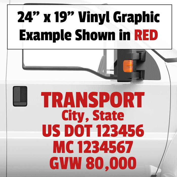 Transport Name, City, USDOT, MC & GVW Decal Sticker Lettering (Set of 2)