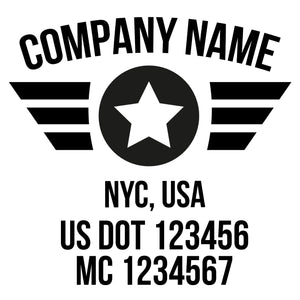 company name with circle, star, lines, patriotic and  US DOT 
