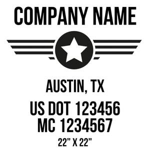company name with circle, star, lines, patriotic and  US DOT 