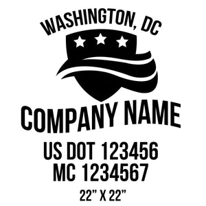 company name with figure, star, lines, patriotic and  US DOT 