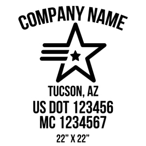 company name with , star, lines, patriotic and  US DOT 
