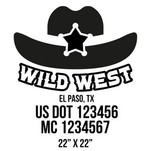 company name wild west hat , stars and US DOT
