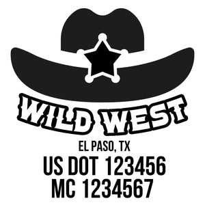 company name wild west hat , stars and US DOT