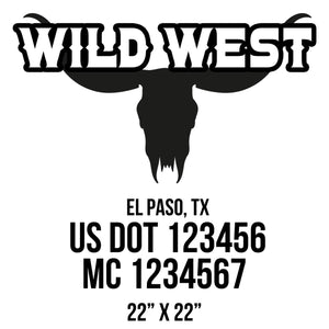 company name wild west, head , horns and US DOT