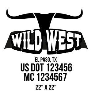 company name wild west , horns, ribbon and US DOT 