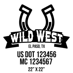 company name wild west , horseshoe, ribbon and US DOT 